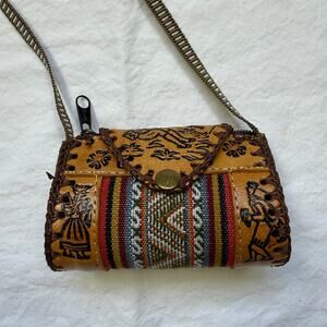 Hand Tooled Leather Woven Textile Equador Kid's Purse Shoulder Strap EUC